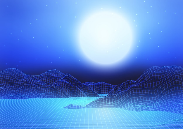 Imagem de estilo 3d com uma paisagem abstrata de estrutura de arame com lua e céu estrelado