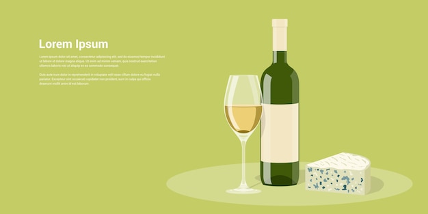 Vetor imagem de garrafa de vinho, copo de vinho e queijo, ilustração de estilo