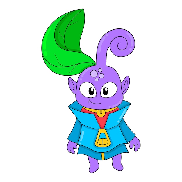 Imagem de ícone de doodle alienígena de folha verde com cara engraçada kawaii