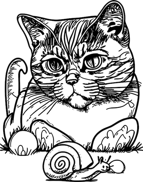 Imagem de livro para colorir de gato curioso observando um caracol rastejando paciente
