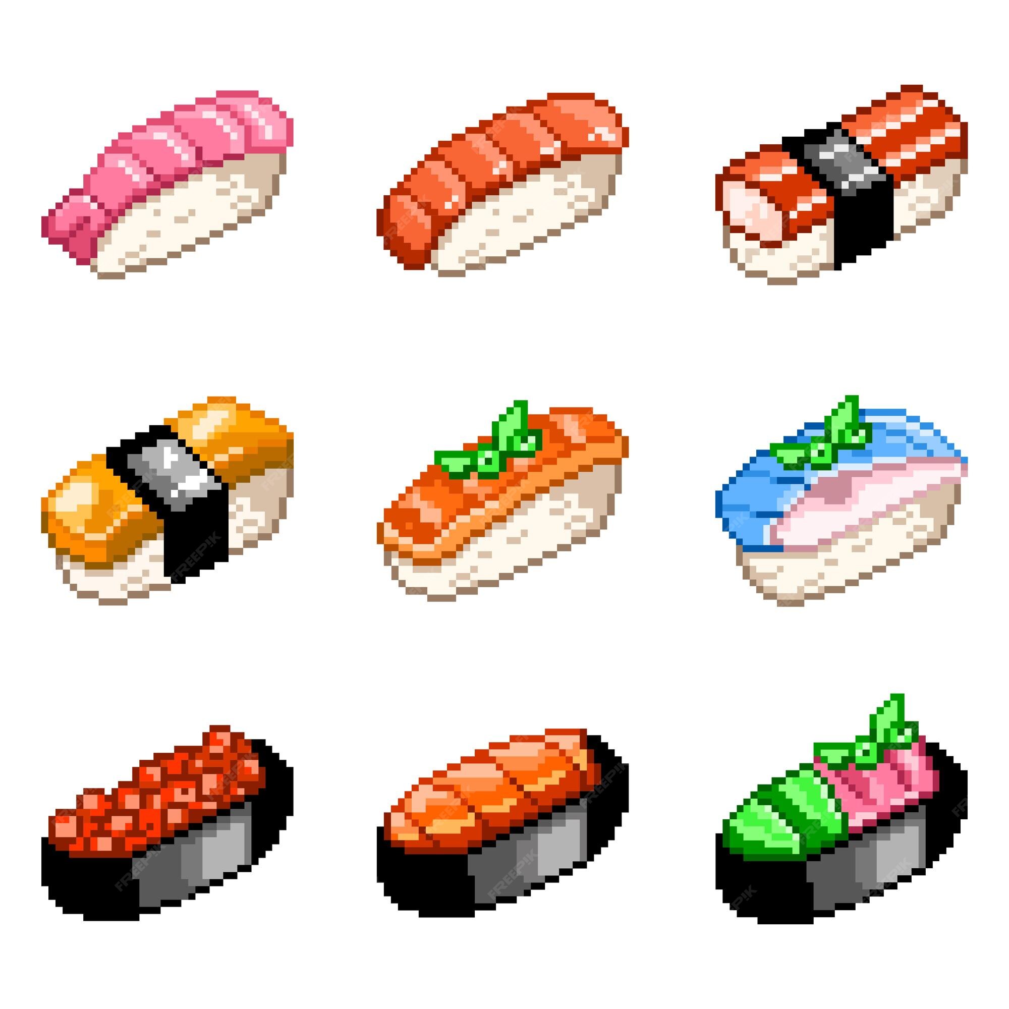 Pixel art futomaki sushi ícone vetorial de comida japonesa para jogo de 8  bits em fundo branco