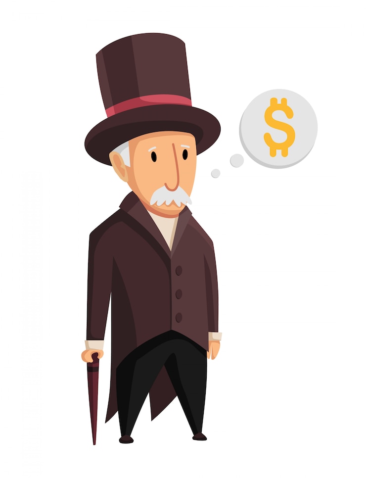 Vetor imagem de um velho engraçado capitalista em um terno preto e chapéu em pé com um bastão nas mãos sobre um fundo branco. negócios, finanças, monopólio, dinheiro