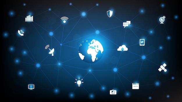 Imagem digital do globo com ícones conceituais. Tecnologia do conceito de globalização. Ilustrador vetorial