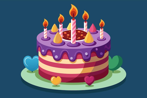 Vetor imagem fotorrealista de um bolo de aniversário lindamente decorado com velas acesas