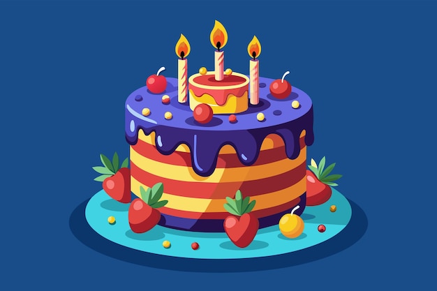 Vetor imagem fotorrealista de um bolo de aniversário lindamente decorado com velas acesas