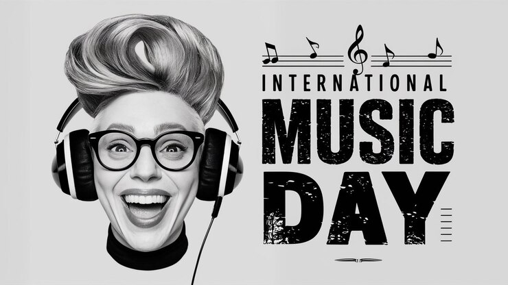 Vetor imagem gráfica estilizada em preto e branco celebrando o dia internacional da música