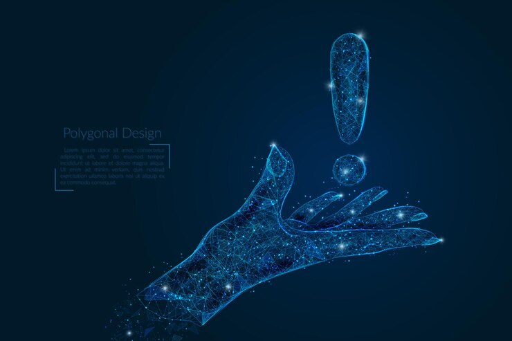Imagem isolada abstrata de mão humana com ícone de ponto de exclamação Ilustração de estilo poligonal de baixo poli parece estrelas no céu noturno brilhante no espaço ou fragmentos de vidro voadores