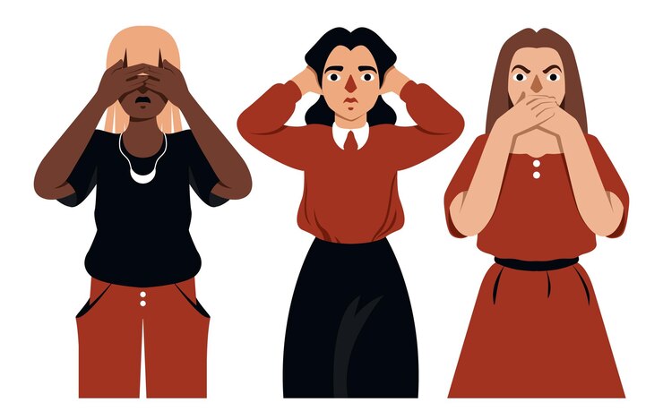 Vetor imagem isolada de três personagens femininas ilustrando o ditado ver nenhum mal ouvir nenhum mal falar nenhum mal mulher com olhos fechados orelhas e boca em um fundo branco ilustração vetorial