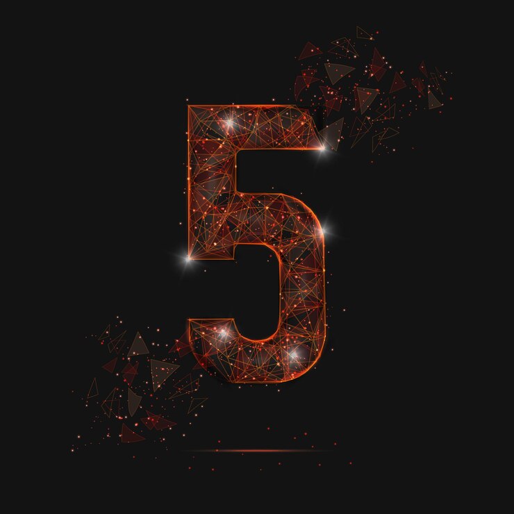 Imagem laranja isolada abstrata de uma ilustração poligonal número cinco parece estrelas no céu noturno em espase ou cacos de vidro voadores Design digital para site web internet