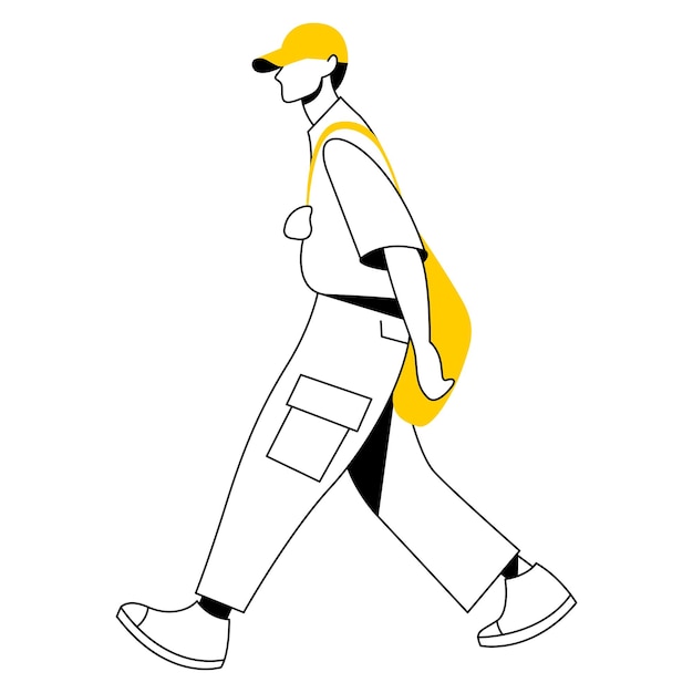 Vetor imagem linear de design plano vetorial homem elegante, cara, menino, estudante, adolescente andando na rua.