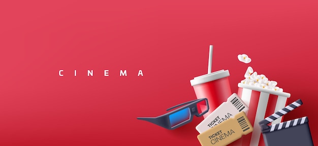 Imagem moderna do conceito de exibição de filme Pipoca Óculos 3D Bilhetes bebida badalo Elementos