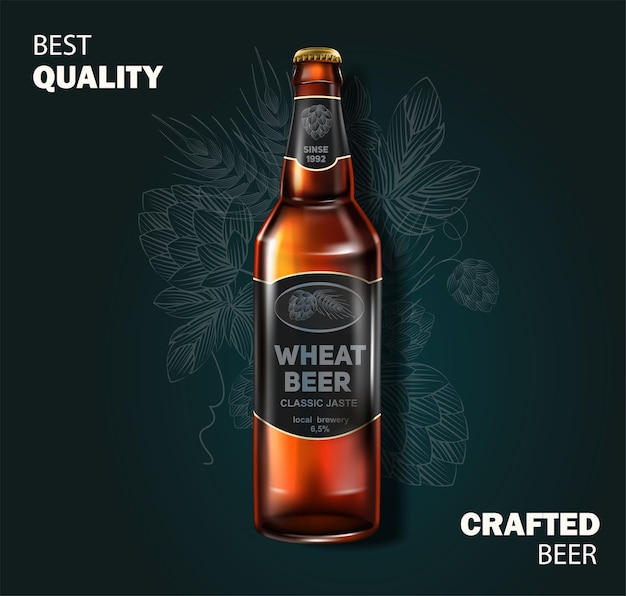Imagem realista de garrafa de cerveja de trigo, elementos gráficos publicitários de produtos para sites com bebidas alcoólicas