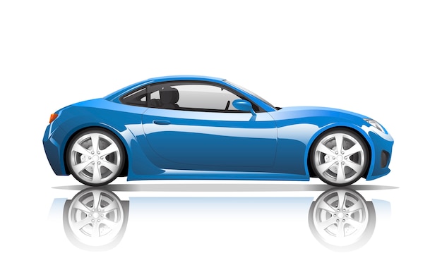 Imagem tridimensional de um carro azul isolado em fundo branco