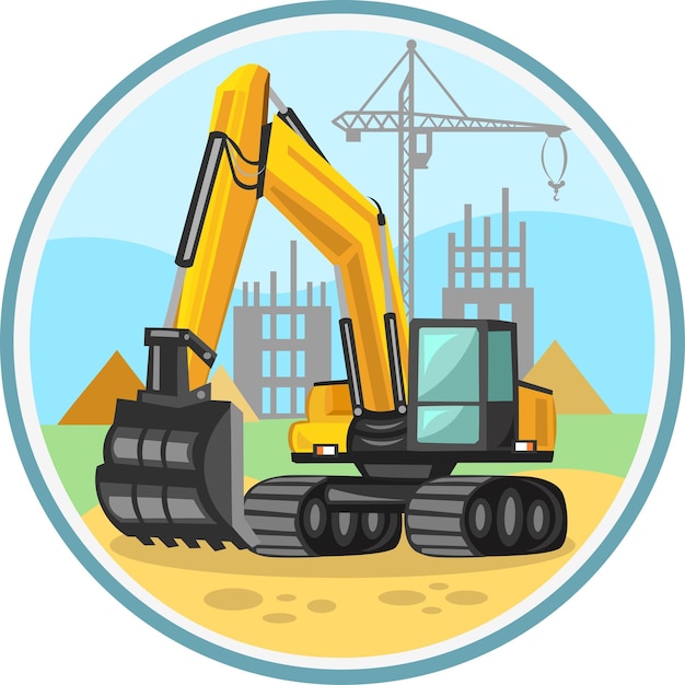 Imagem vetorial amarela de uma escavadora de edifício com área de construção em fundo durante as obras de escavação