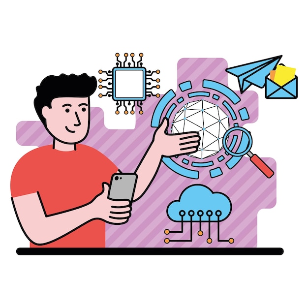 imagem vetorial com o homem homem explora o mundo das tecnologias digitais e comunicações