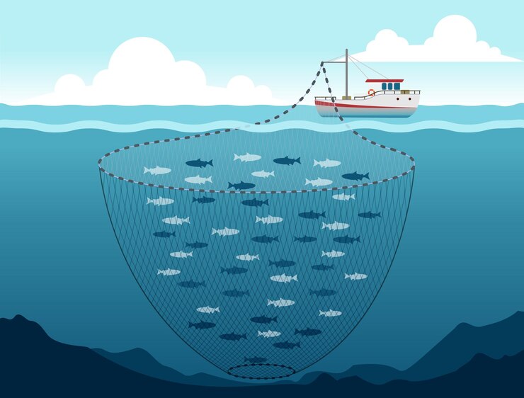 Imagem vetorial de um navio de pesca com redes de pesca