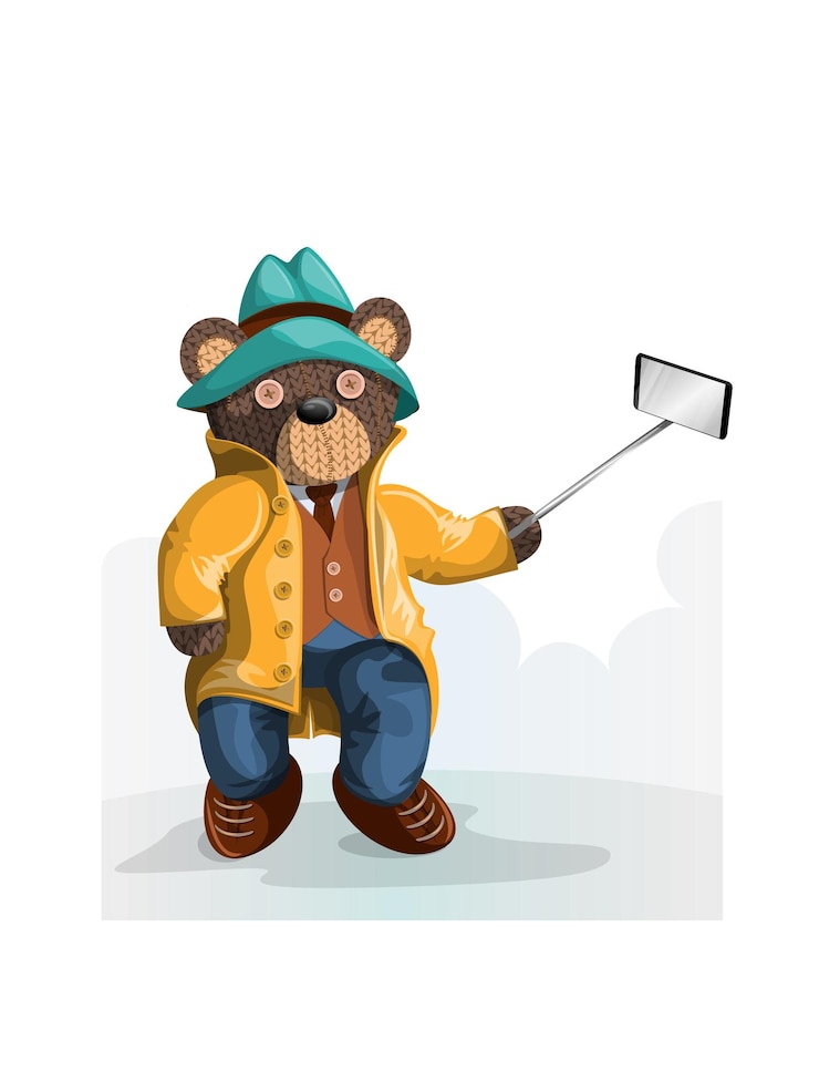 Vetor imagem vetorial de um urso de chapéu e casaco tirando uma selfie concept eps 10