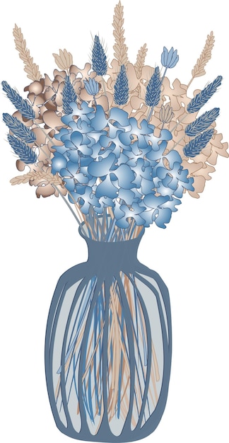 Imagem vetorial de um vaso com flores secas em tons de azul e bege
