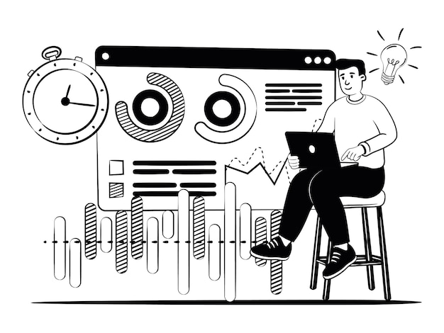 imagem vetorial desenhada à mão de um homem analisa negócios e apresenta novas ideias