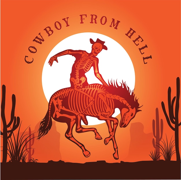 Imagem vetorial do esqueleto de um cowboy no esqueleto de um cavalo contra o fundo do sol poente
