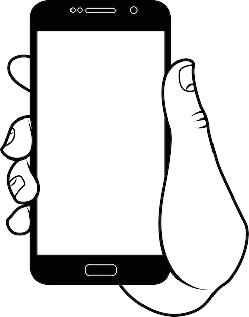 Vetor imagem vetorial preto e branco de um smartphone em uma mão isolada em fundo transparente