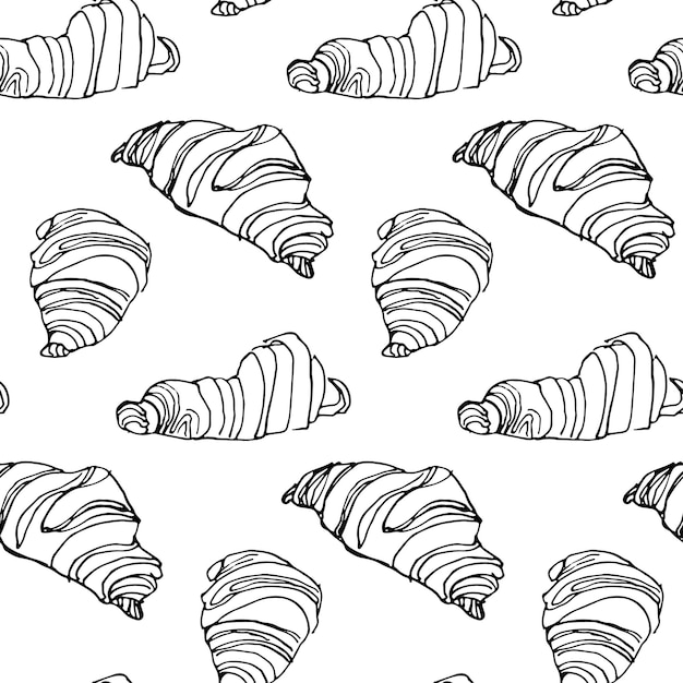 Imagens de bolos de croissants com padrão branco e preto sem costura em estilo de ilustração desenhada à mão