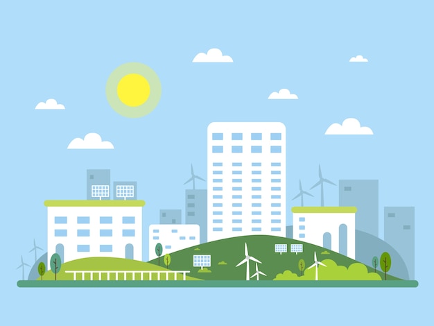 Imagens de conceito de ecossistema da paisagem urbana. Energia alternativa solar e eólica. ilustração
