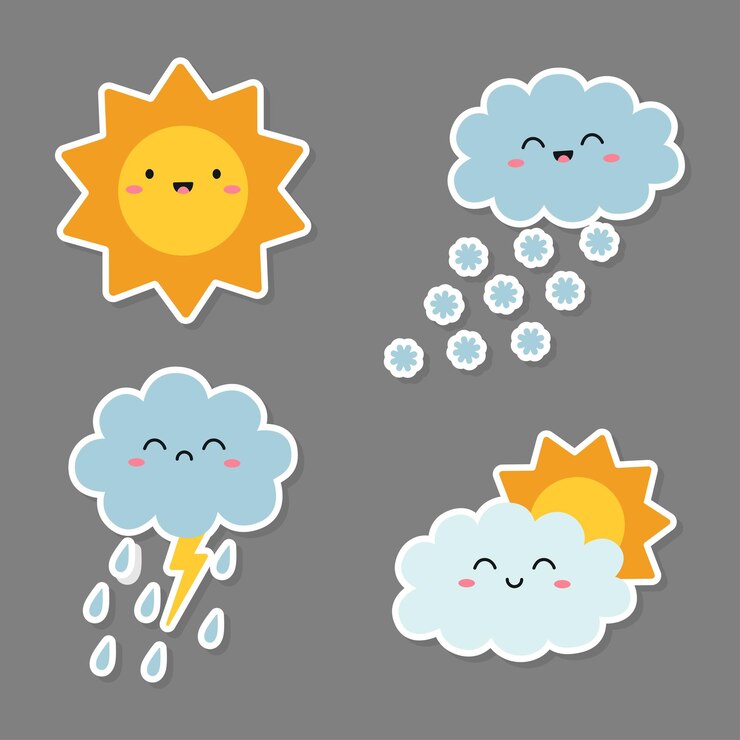 Imagens fofas de desenhos animados de condições climáticas Adesivos infantis com ilustração vetorial de elementos climáticos