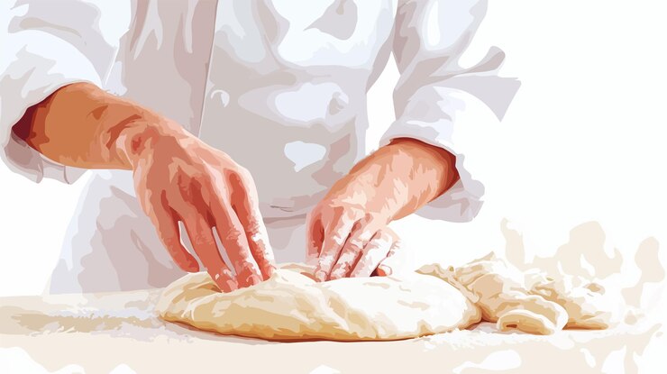 Vetor imagens verticais em close-up do chef esticando a massa de pizza