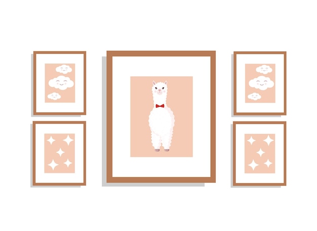 Imagine em uma moldura na parede com lhama, alpaca na parede. ilustração em vetor de elementos de casa