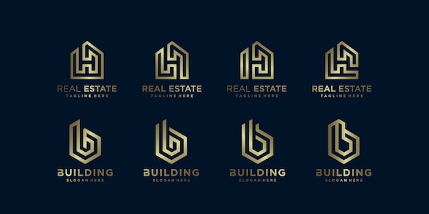 Imobiliária dourada e coleção de logotipo de construção