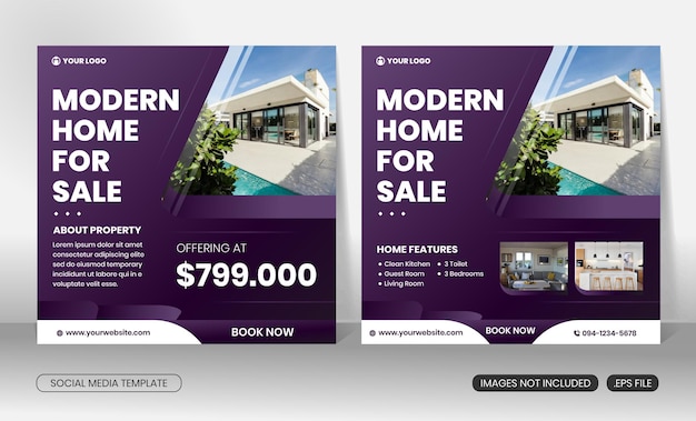 Imobiliário casa moderna para venda mídia social pós modelo de folheto de banner quadrado