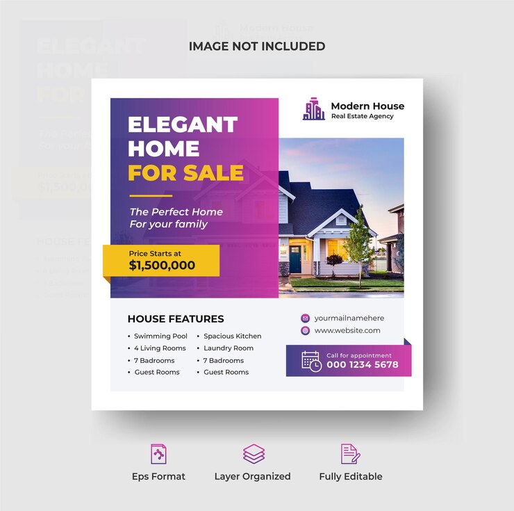 Imobiliário casa propriedade post instagram ou modelo de publicidade de banner web quadrado Premium Vector