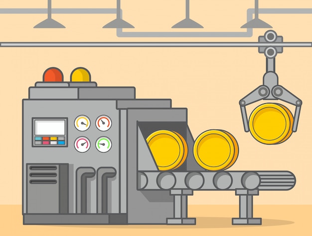Vetor imprensa de transportadora de fábrica de moedas de dinheiro.