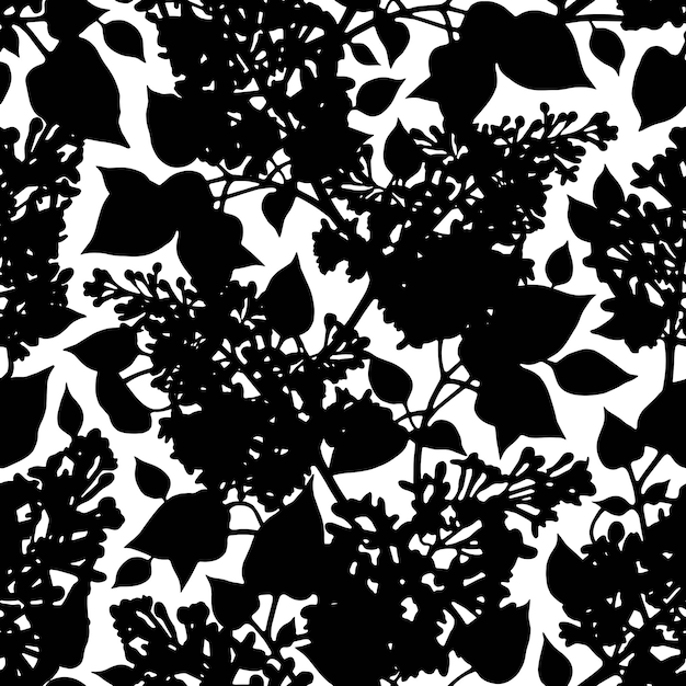 Impressão botânica preto e branco padrão abstrato com silhuetas de flores e folhas lilás