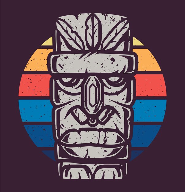 Vetor impressão colorida de surf de máscara tiki de pedra rosto ídolo ilustração vetorial design de camiseta de verão havaí