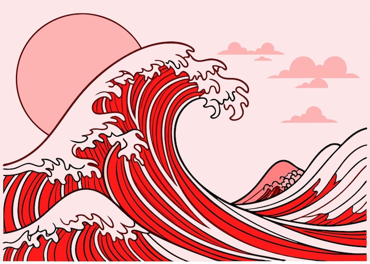 Vetor impressão de arte de onda vermelha estilo ukiyoe grande desenho de pôr-do-sol de onda do oceano alta resolução