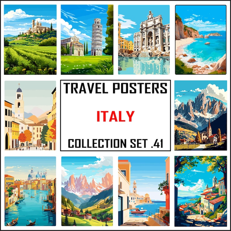 Vetor impressão de arte de parede de cartaz de viagem da itália wpa bundle package collection set 41