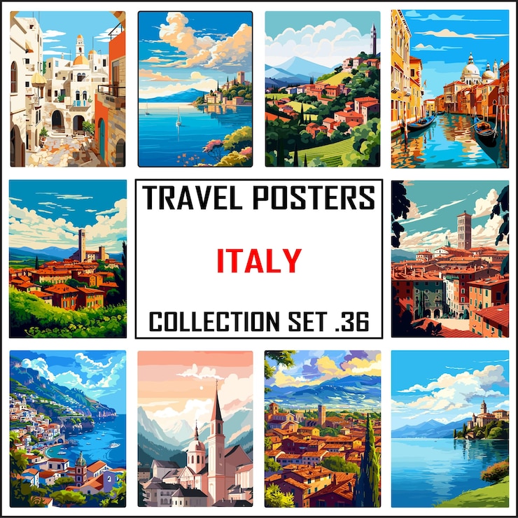 Vetor impressão de arte de parede de cartaz de viagem para a itália wpa bundle package collection set 36