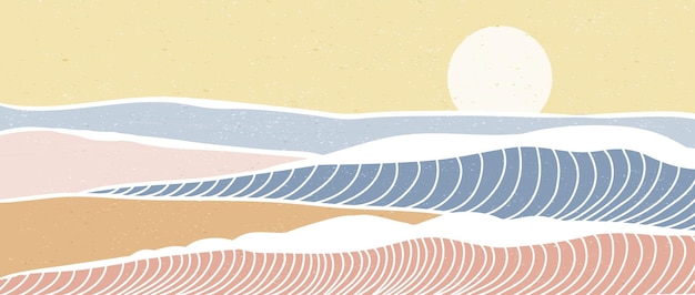 Impressão de arte moderna minimalista criativa. ondas do oceano abstratas e paisagens estéticas contemporâneas de montanha. com mar, horizonte, onda. ilustrações vetoriais