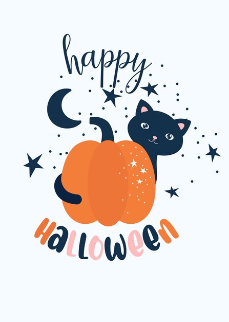 Impressão de bebê halloween com gato preto e abóbora cartão de feliz dia das bruxas