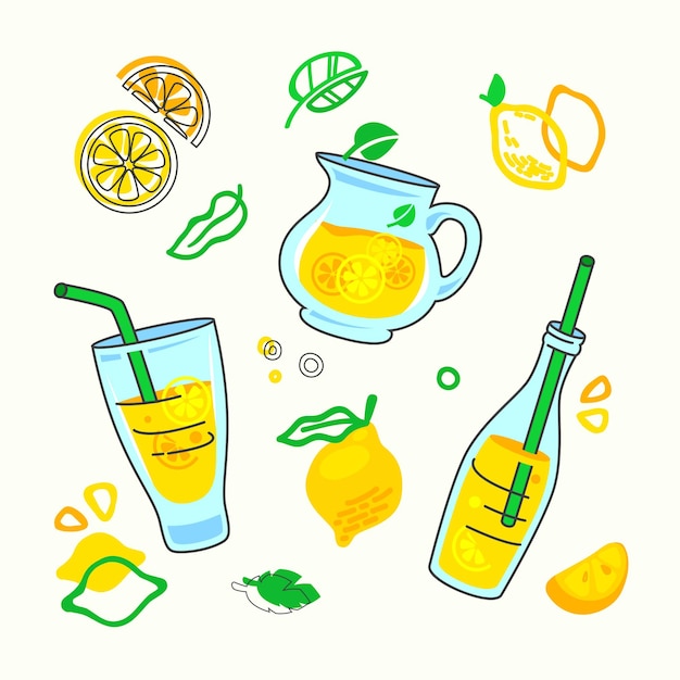 Impressão de bebida de limonada caseira com diferentes elementos de design no estilo doodle, ilustração plana dos desenhos animados