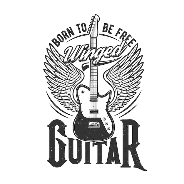 Vetor impressão de camiseta com guitarra elétrica alada, emblema para design de roupas de banda de música