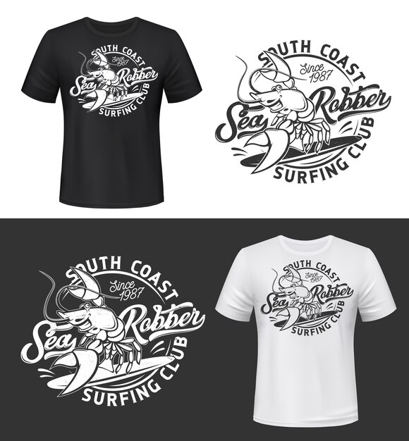 Impressão de camiseta com maquete de lagosta sorridente, mascote de lagosta engraçado para clube de surf em fundo preto e branco de vestuário com tipografia. T-shirt com design de emblema de moda grunge com impressão