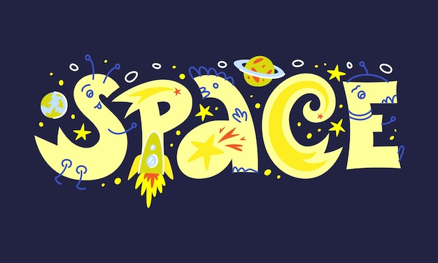 Vetor impressão de desenho animado espacial para design de cartão de camiseta infantil ilustração vetorial com foguete de planetas de letras