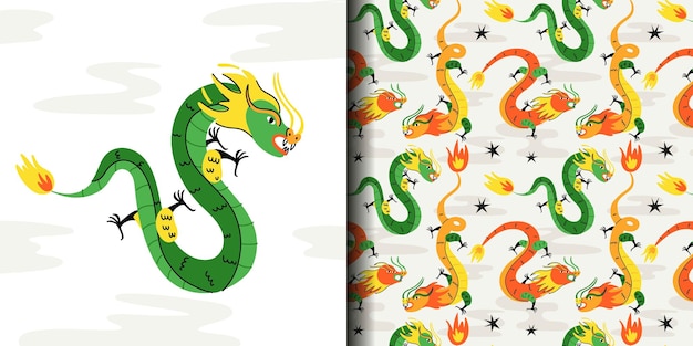 Impressão de dragão chinês e padrão moderno colorido tradicional ano novo zodíaco animal nuvens fundo 2024 horóscopo asiático calendário lunar na moda réptil vetor contemporâneo ilustração perfeita