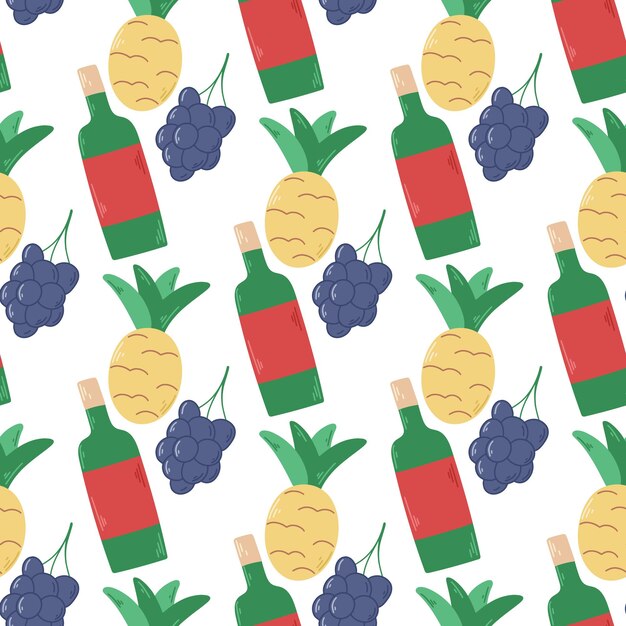 Impressão de fundo de comida de piquenique com padrão uniforme de frutas e vinhos com vinho de uvas de abacaxi