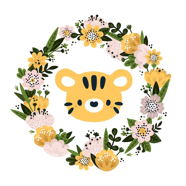 Impressão de grinalda de flores com animal tigre bebê fofo para menino ou menina recém-nascido.