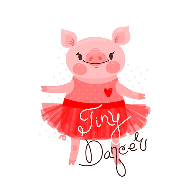 Vetor impressão, design de camiseta com dança doce leitão e a inscrição tiny dancer. porco em uma saia de balé. ilustração