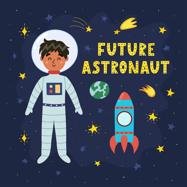 Impressão do futuro astronauta com o astronauta bonito cartão engraçado no estilo cartoon com um foguete infantil